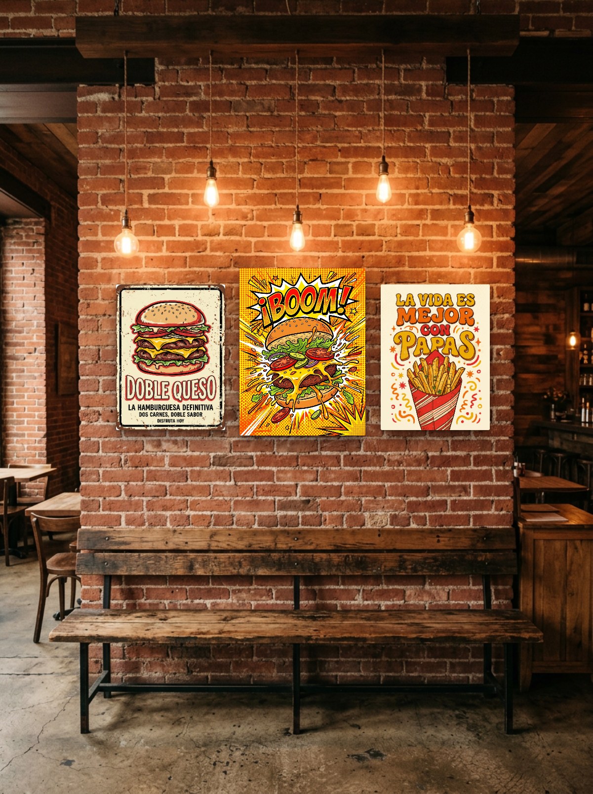 Pared de una hamburguesería decorada con cuadros del pack